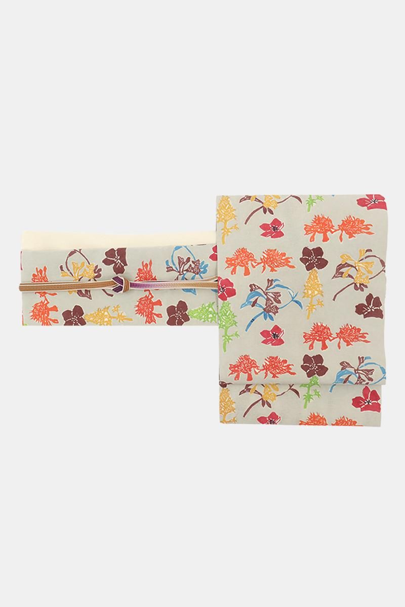 銀座【帯5799】国画会 中島敬子作 紬地 型絵染 名古屋帯 銘「うららか