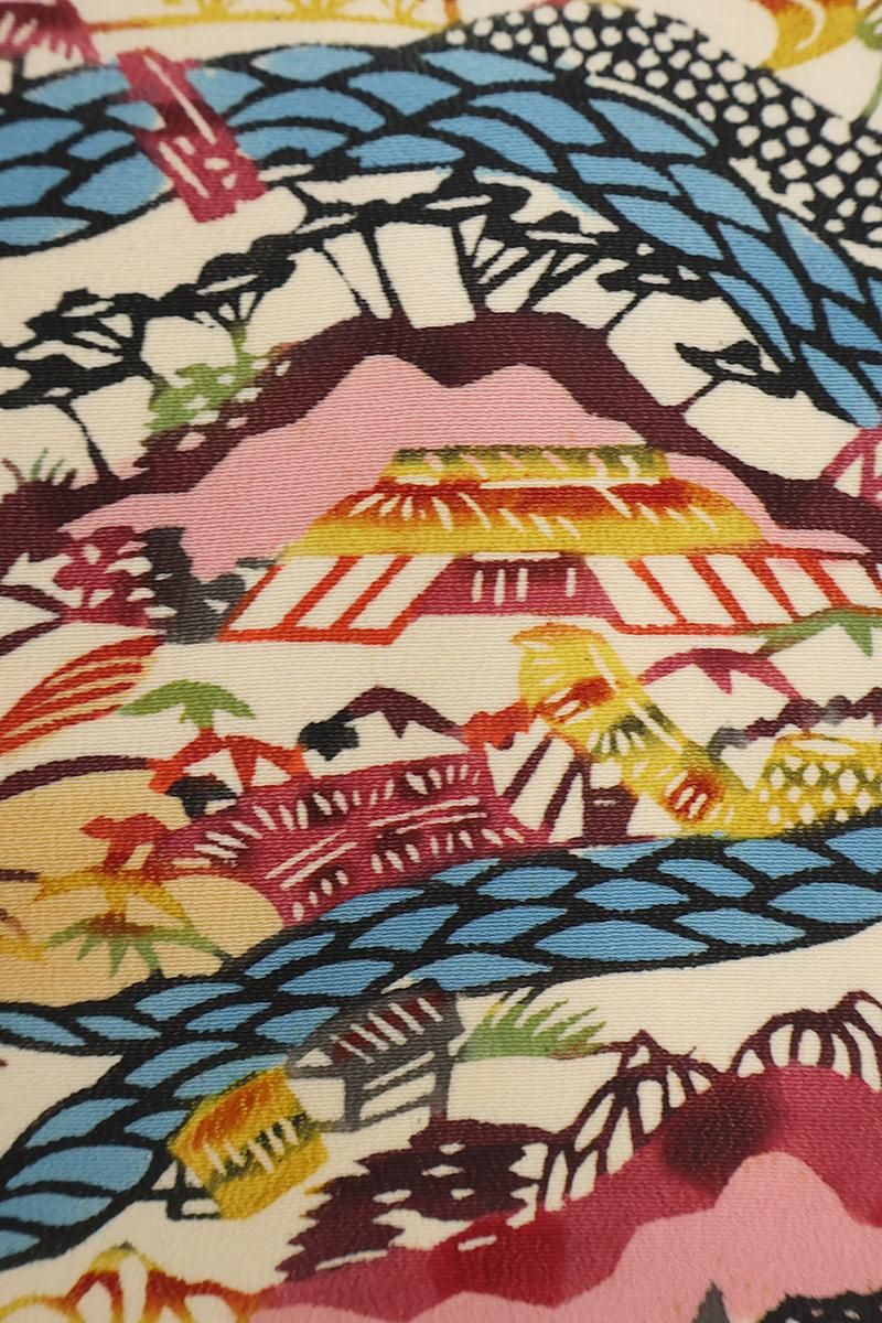 型絵染 人間国宝 芹沢銈介 紬地 小川紙漉村紋様 きもの 型絵染 人間国宝 芹沢銈介 紬地 小川紙漉村紋様 きもの