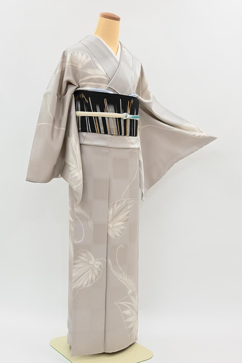 銀座【D-3954】小紋 桜鼠色 市松暈かしに植物文 :身丈165/裄71 - 銀座