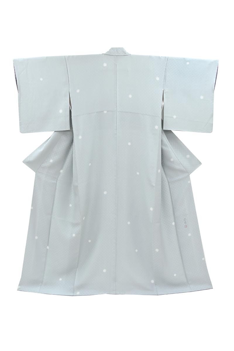 銀座【D-3955】伝統工芸士 久保伊智郎作 小紋 淡い浅葱鼠色 蛍暈かし文