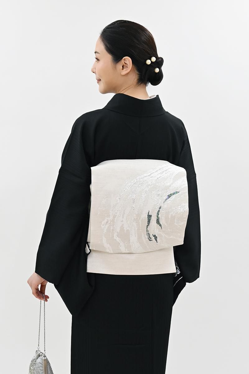 銀座【L-8509】民谷螺鈿 袋帯 白色 抽象文（反端付） - 銀座きもの青木