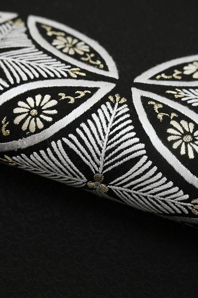 銀座【H-0804】貴久樹製 刺繍 名古屋帯 黒色 七宝繋ぎ文 - 銀座きもの