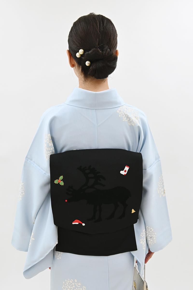 銀座【H-0805】工芸キモノ野口製 切ビロード 刺繍 名古屋帯 黒色