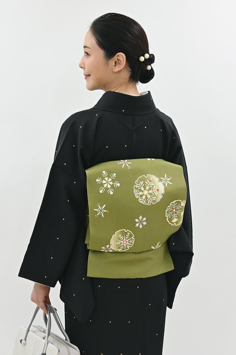 銀座【H-0809】塩瀬地 染名古屋帯 香櫞緑色 雪輪に雪花文 - 銀座きもの