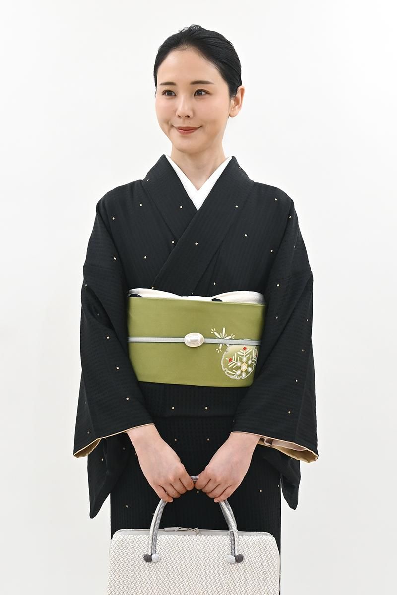 銀座【H-0809】塩瀬地 染名古屋帯 香櫞緑色 雪輪に雪花文 - 銀座きもの