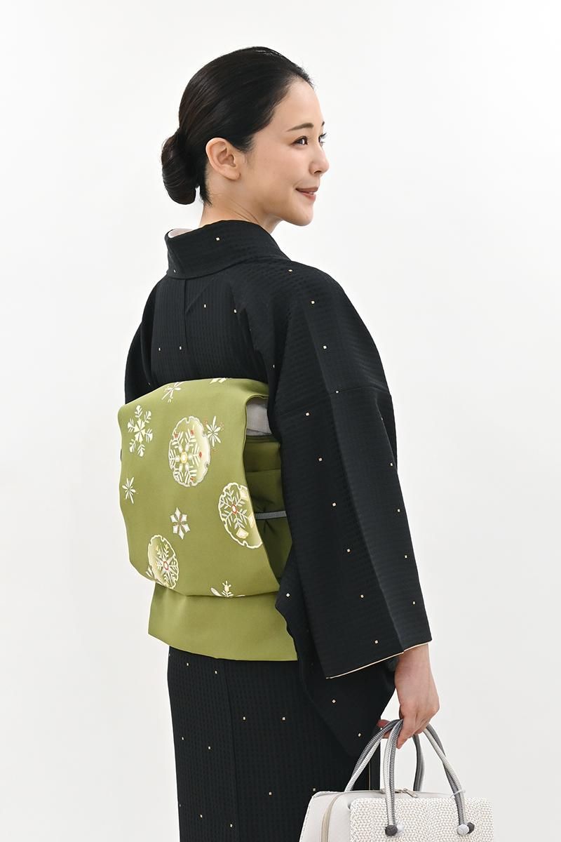 銀座【H-0809】塩瀬地 染名古屋帯 香櫞緑色 雪輪に雪花文 - 銀座きもの