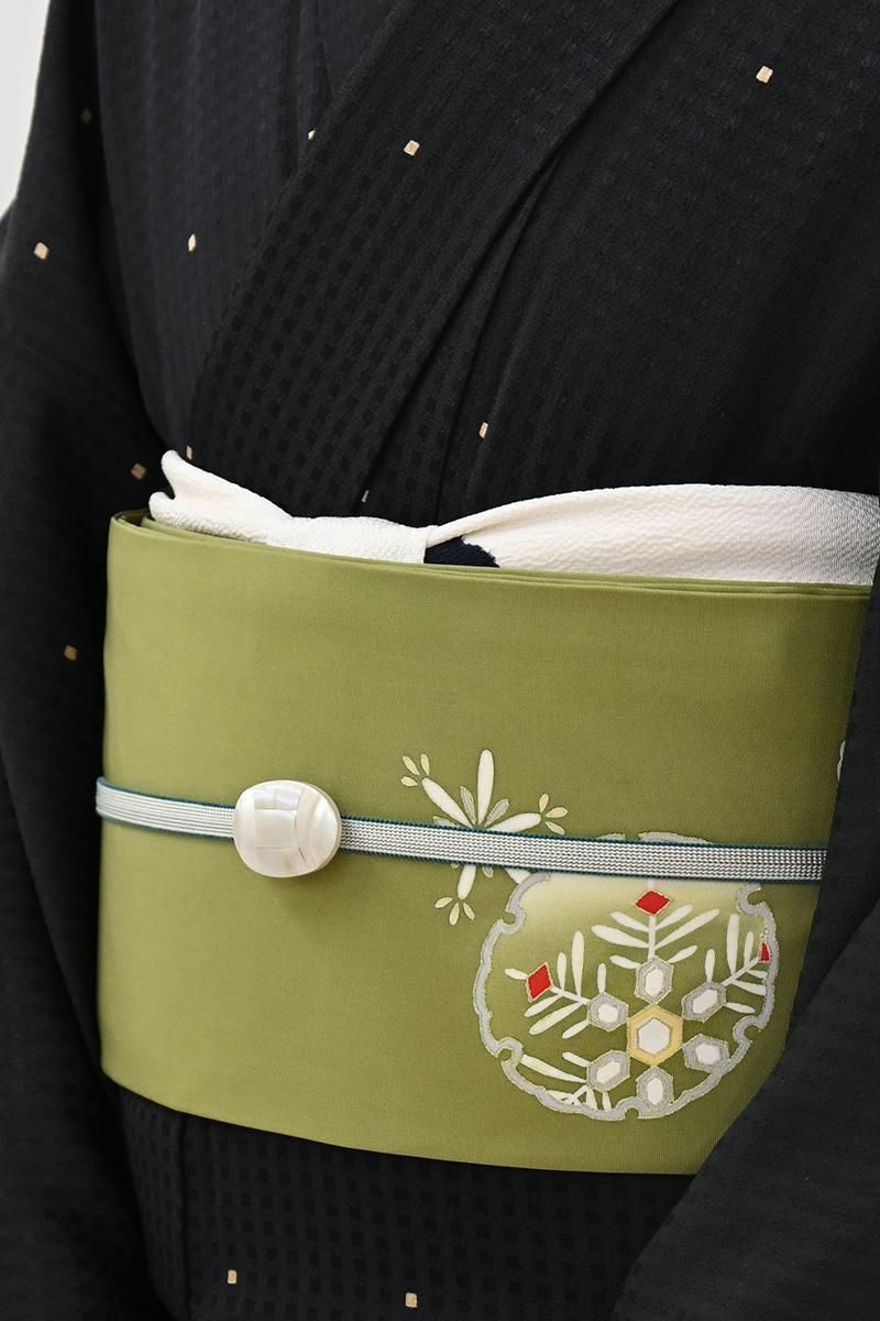 銀座【H-0809】塩瀬地 染名古屋帯 香櫞緑色 雪輪に雪花文 - 銀座きもの