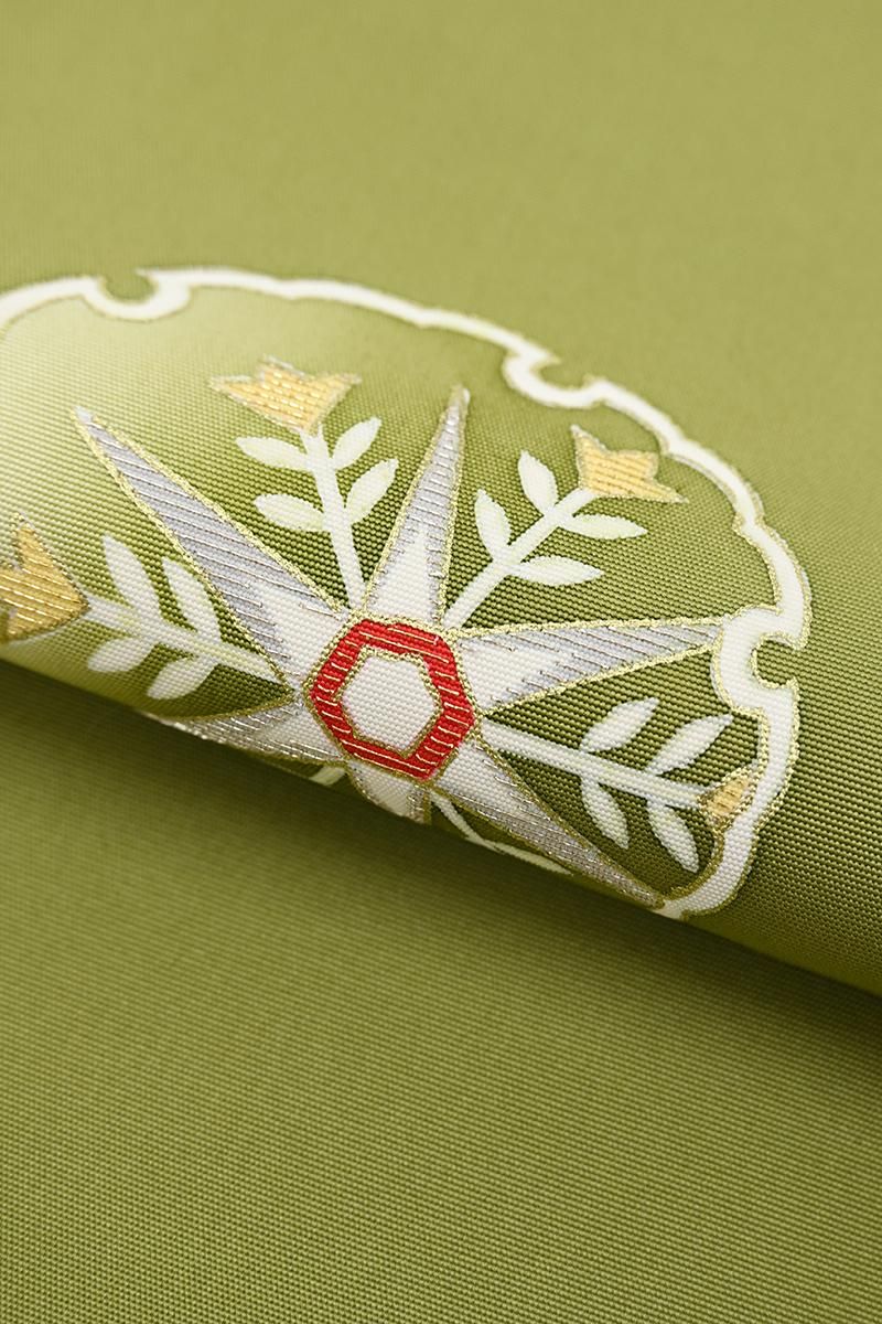 銀座【H-0809】塩瀬地 染名古屋帯 香櫞緑色 雪輪に雪花文 - 銀座きもの