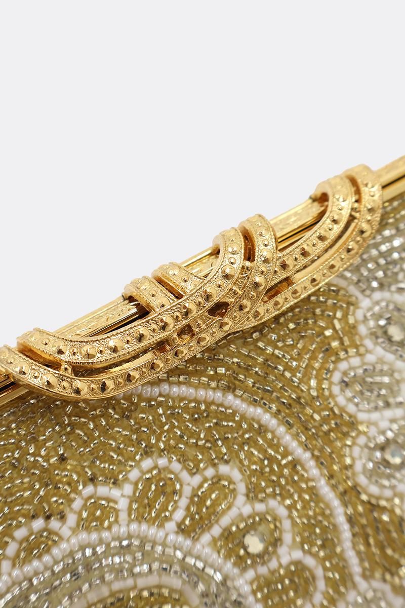 銀座【G-3388】ルミーはしもと製 ビーズ刺繍 バッグ 抽象文 金色