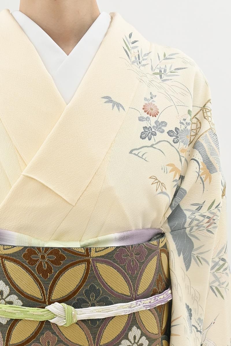 銀座【B-4299】訪問着 鳥の子色 四季花に鶴の図（ますいわ屋扱い