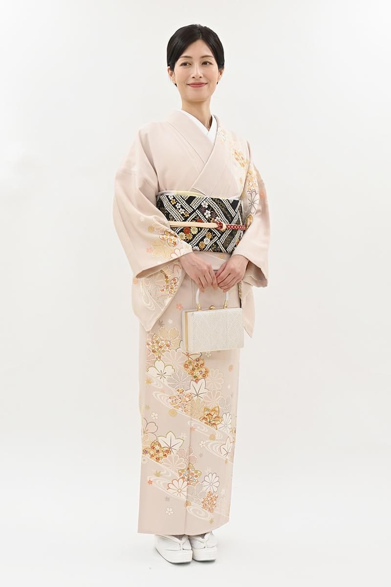 銀座【B-4300】訪問着 淡い灰桜色 流水に桜や楓など（ますいわ屋扱い