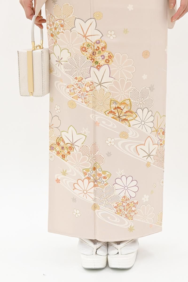 銀座【B-4300】訪問着 淡い灰桜色 流水に桜や楓など（ますいわ屋扱い