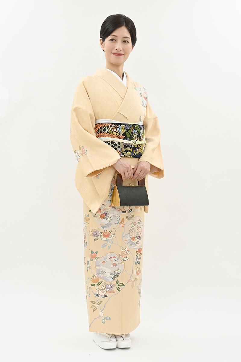アンティーククリーム色の着物 銀座【B-4301】訪問着 クリーム色 橘文 :身丈163/裄69 - 銀座きもの