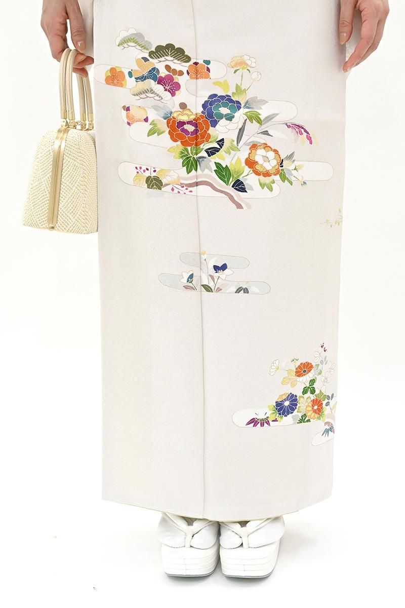 銀座【B-4302】付下げ 灰白色 ヱ霞に四季花文（反端付） :身丈161/裄67