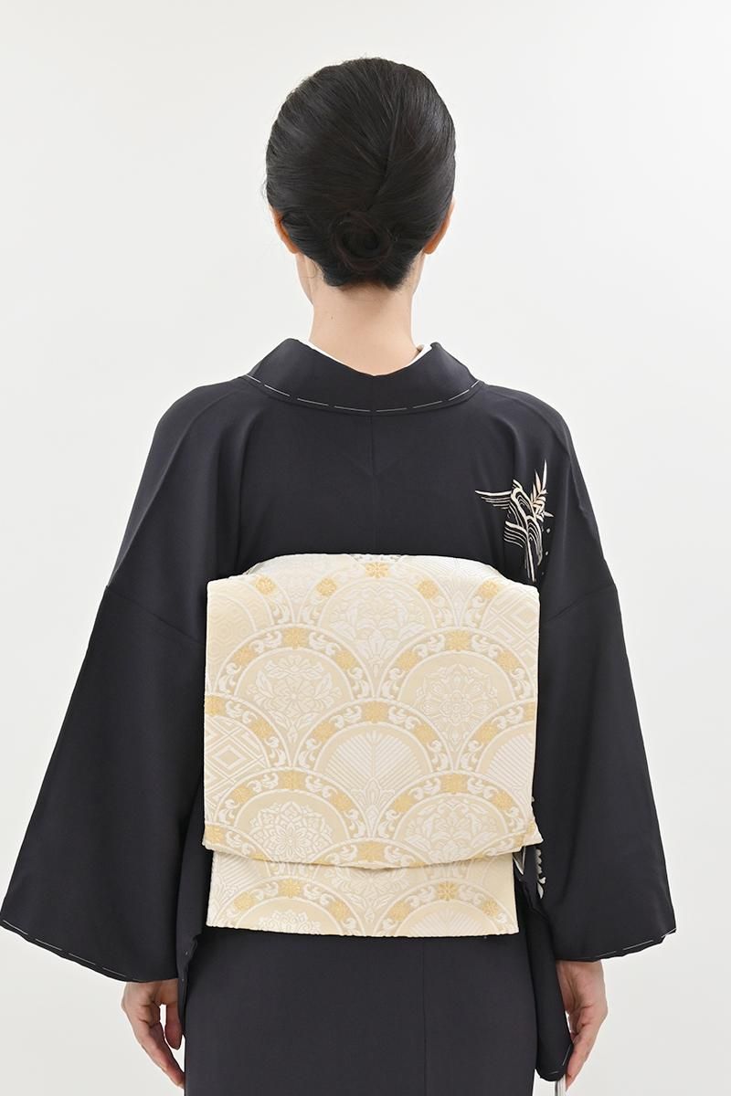 銀座【L-8489】西陣製 袋帯 乳白色 青海波（反端付） - 銀座きもの青木