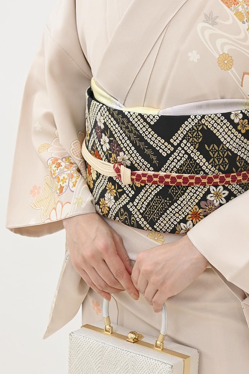 銀座【L-8493】袋帯 黒色 疋田の網代に四季花文 - 銀座きもの青木