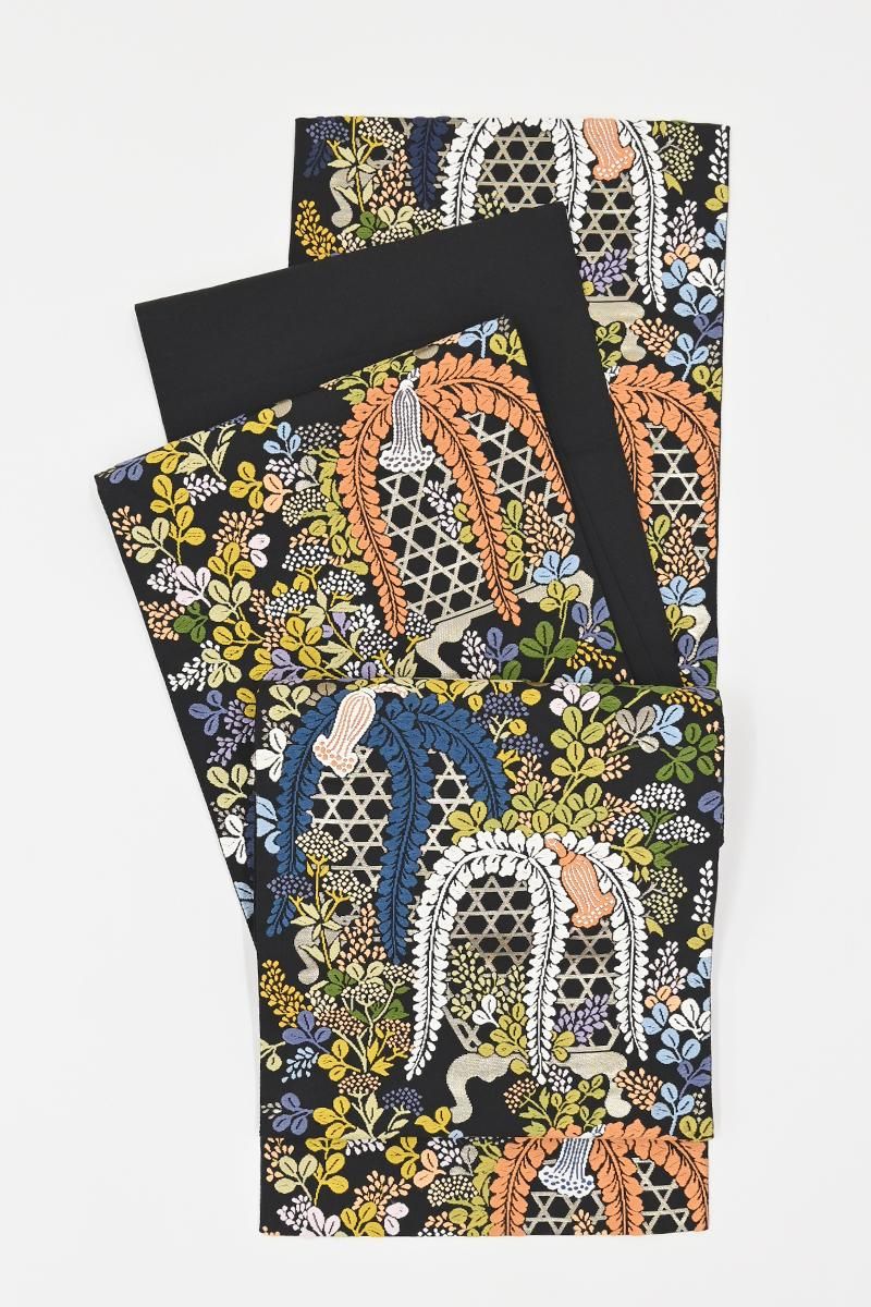 銀座【L-8494】袋帯 黒色 籠に藤や萩など - 銀座きもの青木｜長く大切