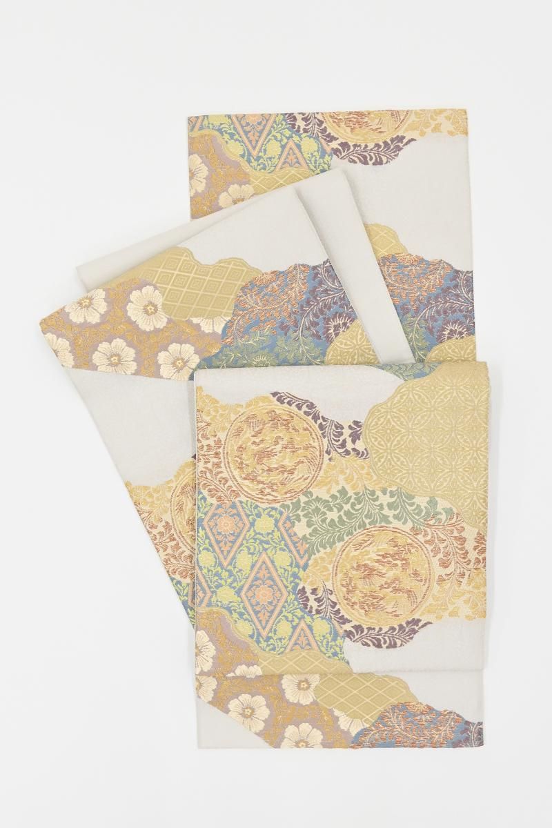 銀座【L-8496】西陣 山口織物製 袋帯 乳白色 道長取りに名物裂文