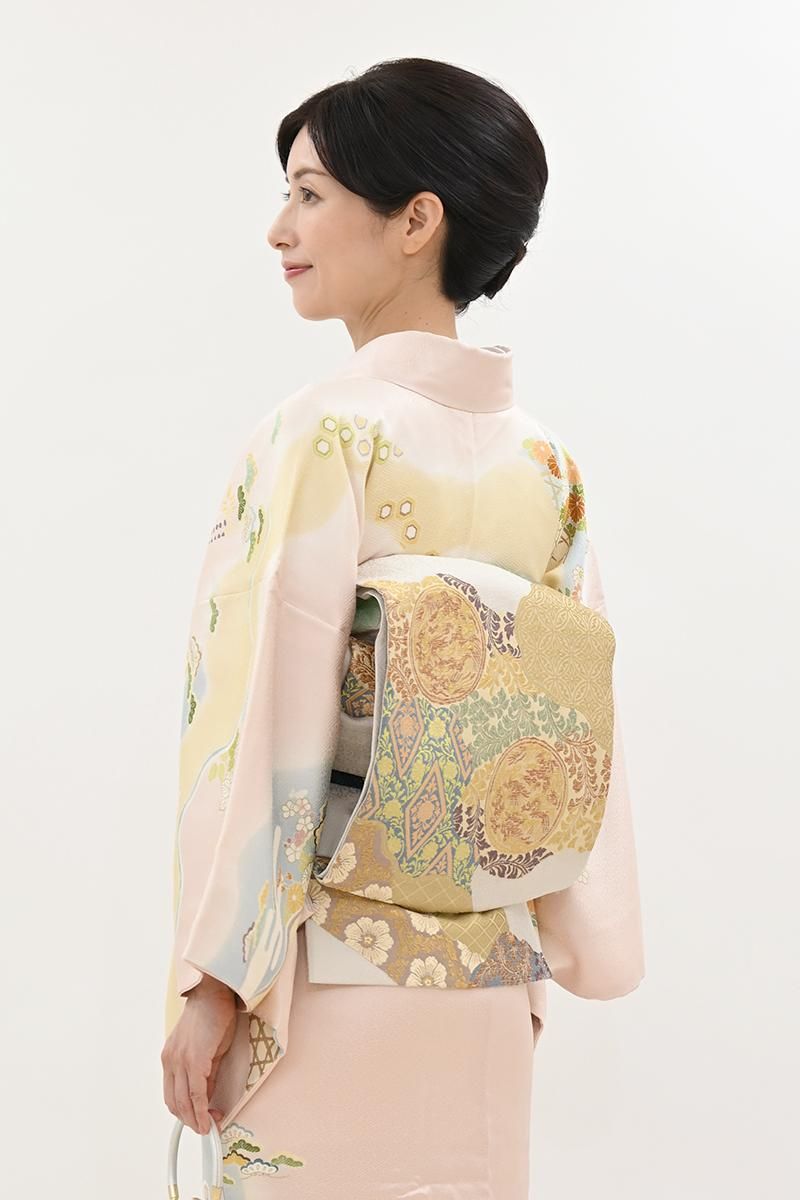 銀座【L-8496】西陣 山口織物製 袋帯 乳白色 道長取りに名物裂文