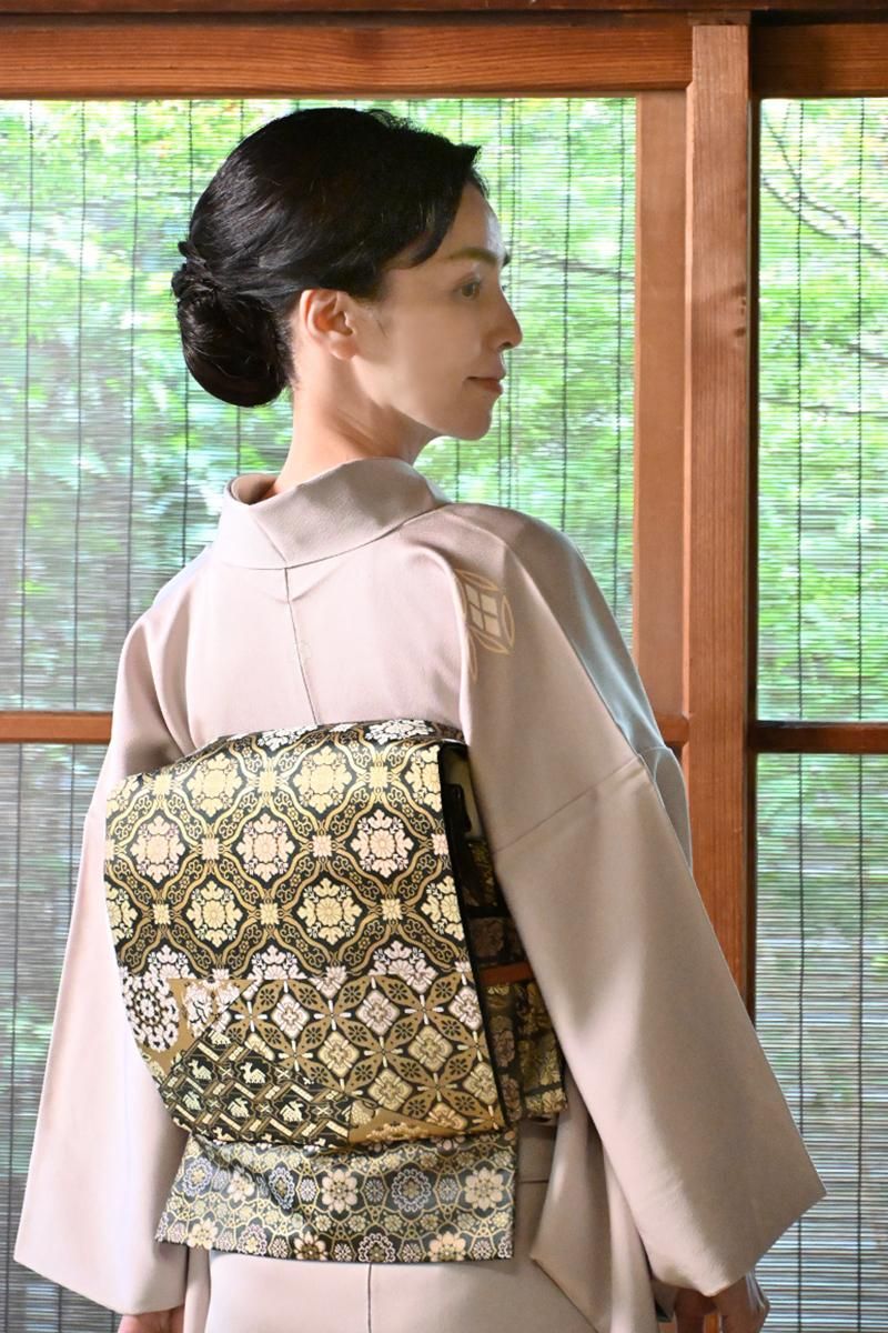 銀座【L-8540】西陣 陰山織物織製 箔屋清兵衛 袋帯 鈍色 裂取りに名物