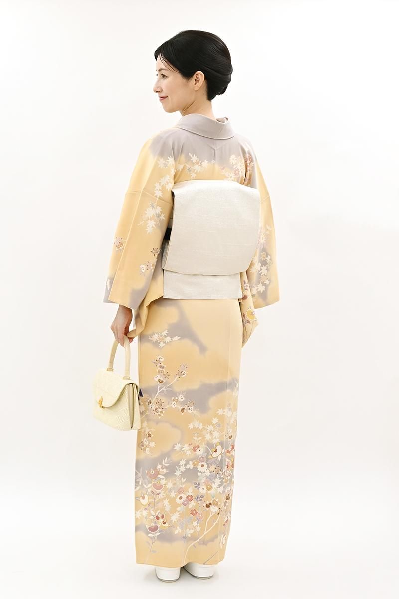 銀座【B-4262】染一ッ紋 縮緬地 訪問着 とうもろこし色 雲に四季花など
