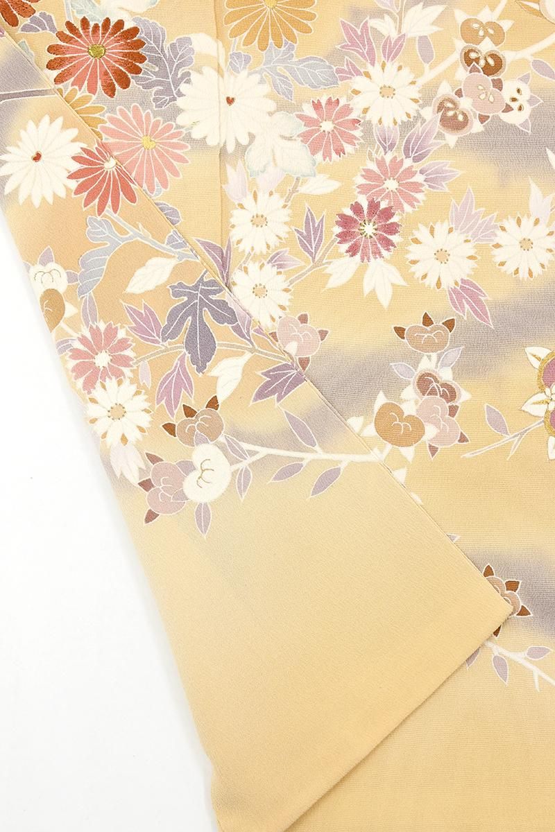 銀座【B-4262】染一ッ紋 縮緬地 訪問着 とうもろこし色 雲に四季花など