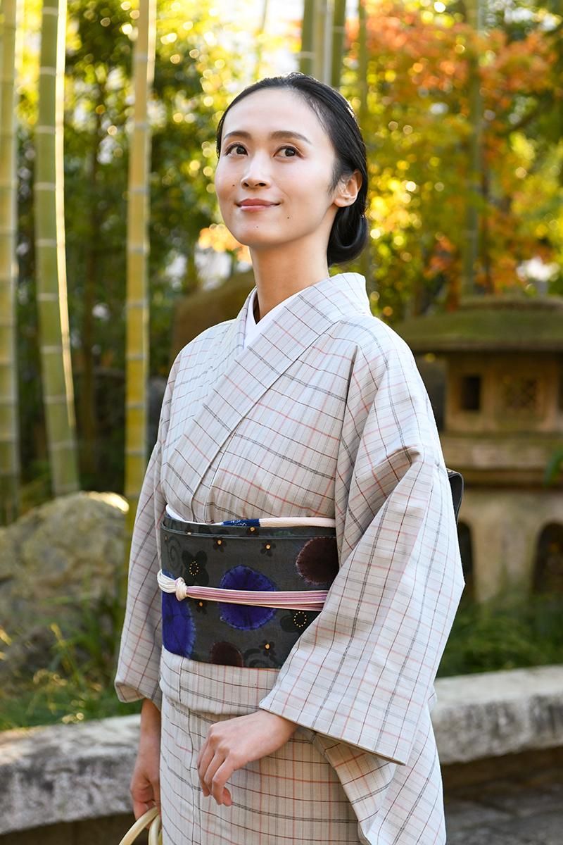 ❇︎江戸おかみさん風コーデ◆紬単衣着物×名古屋帯◆アンティーク好きにも5点セット❇︎ 銀座【帯5816】山本由季作 紬地 染名古屋帯（落款入紙札付） - 銀座