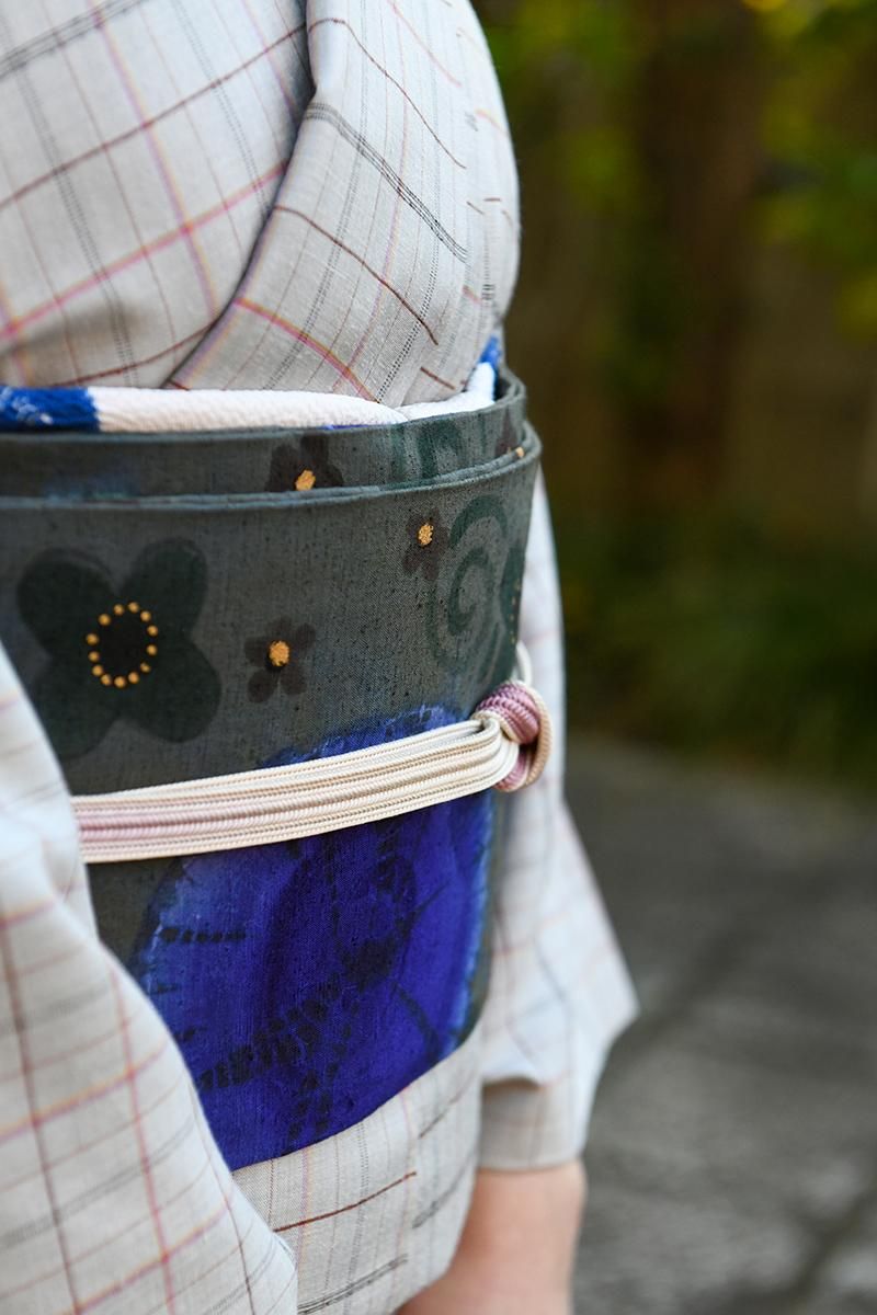 銀座【帯5816】山本由季作 紬地 染名古屋帯（落款入紙札付） - 銀座