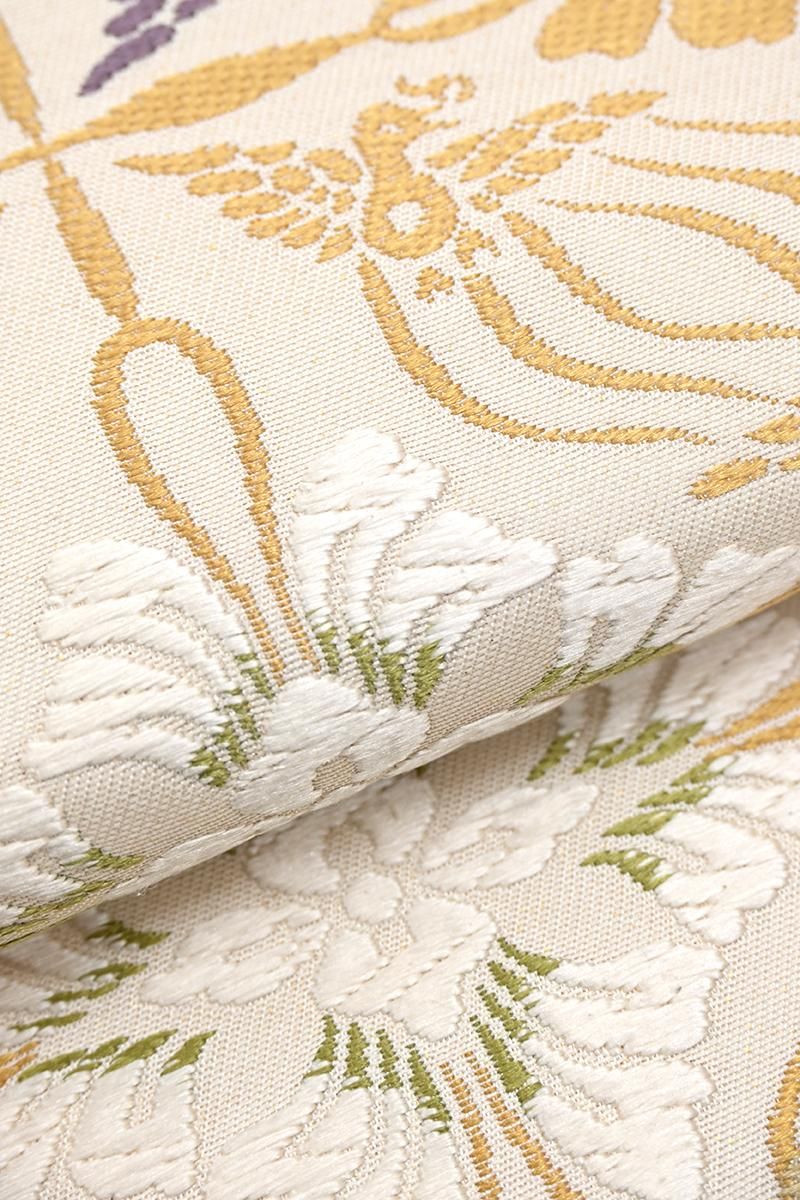 銀座【帯5820】帯匠誉田屋製 袋帯 薄香色 鳥襷文 - 銀座きもの青木