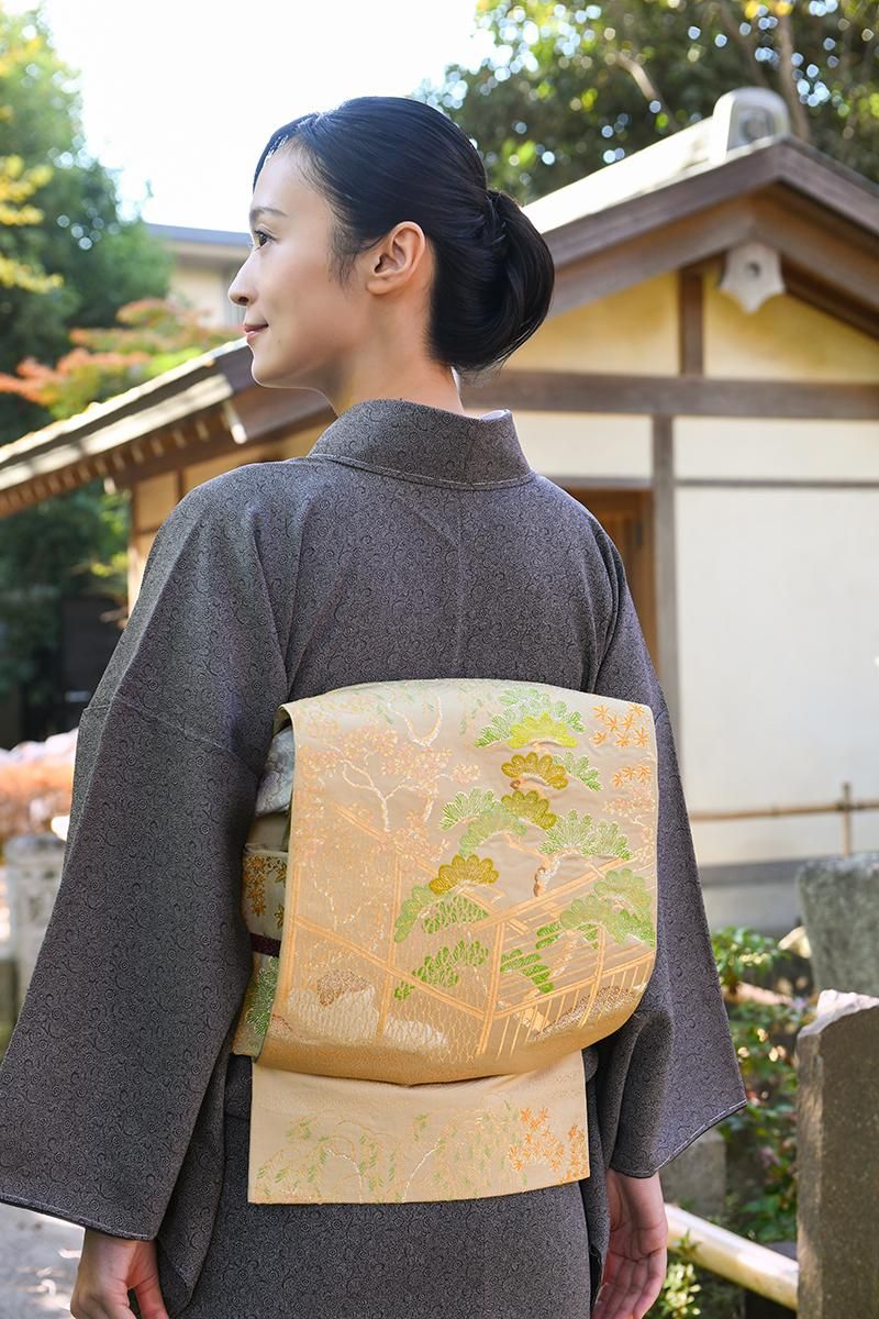 銀座【帯5826】龍村平蔵製 本袋帯 丁子色 銘「蒔絵初音錦」 - 銀座