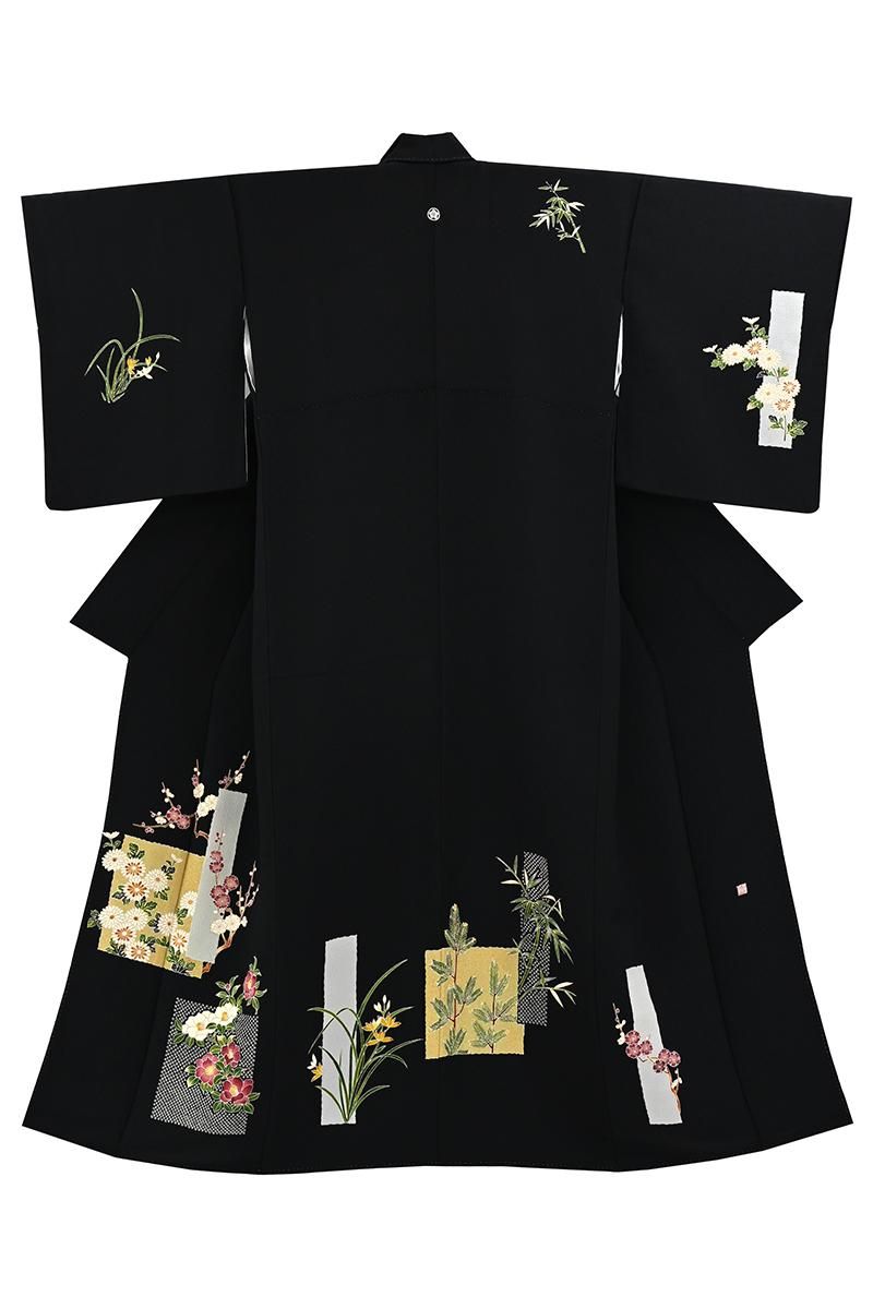 銀座【着物4655】久呂田明功作 縮緬地 染一ッ紋 訪問着 黒色 折々の花