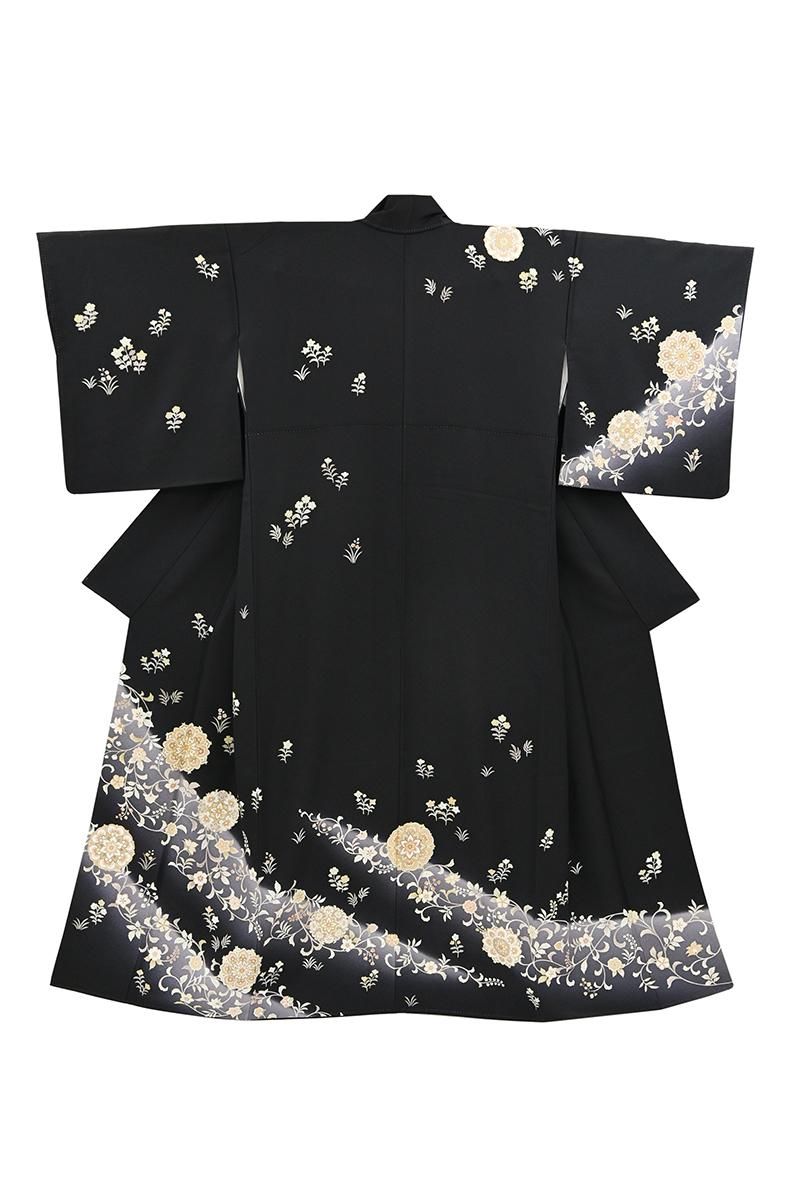 銀座【B-4339】染匠 久保耕製 訪問着 黒色 斜め暈かしに華文や花唐草