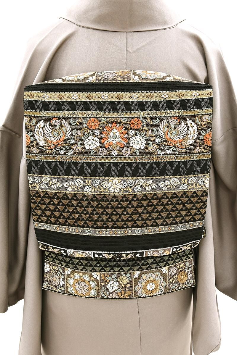 銀座【L-8547】袋帯 黒色 横段に華文や鳳凰など - 銀座きもの青木