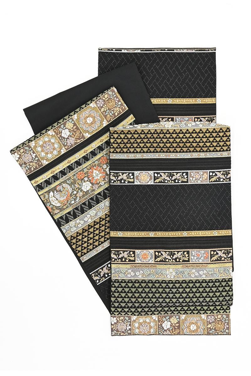 銀座【L-8547】袋帯 黒色 横段に華文や鳳凰など - 銀座きもの青木