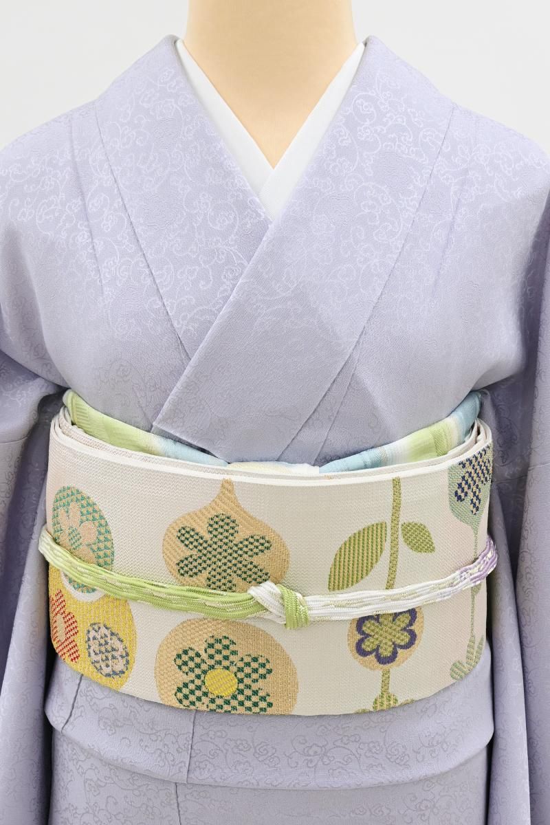銀座【L-8548】袋帯 白練色 横段に花文 - 銀座きもの青木｜長く大切に