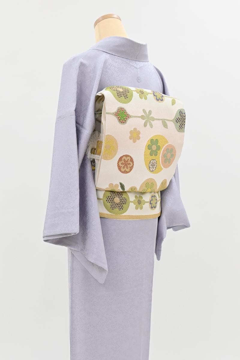 銀座【L-8548】袋帯 白練色 横段に花文 - 銀座きもの青木｜長く大切に