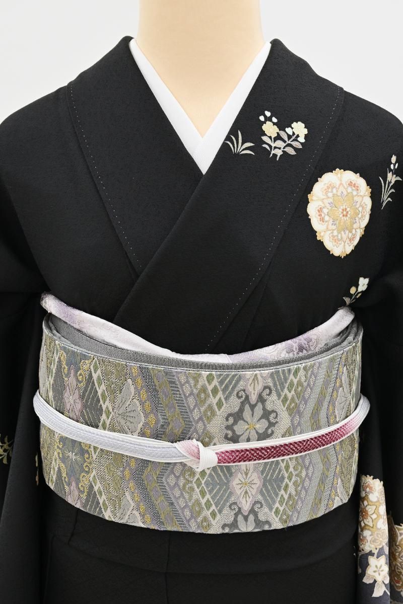 桐子袋帯 青と銀の幾何学模様　新品未使用 銀座【L-8550】袋帯 霞色 幾何文に花菱文 - 銀座きもの青木｜長く大切