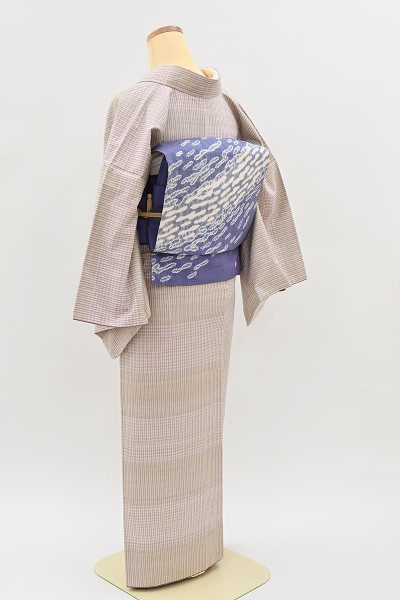 銀座【A-4193】紬 鴇鼠色 横段に格子文 :身丈155/裄66 - 銀座きもの