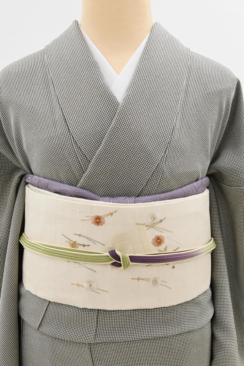 銀座【H-0840】紬地 刺繍 名古屋帯 生成色 源氏香に吹き寄せ文 - 銀座