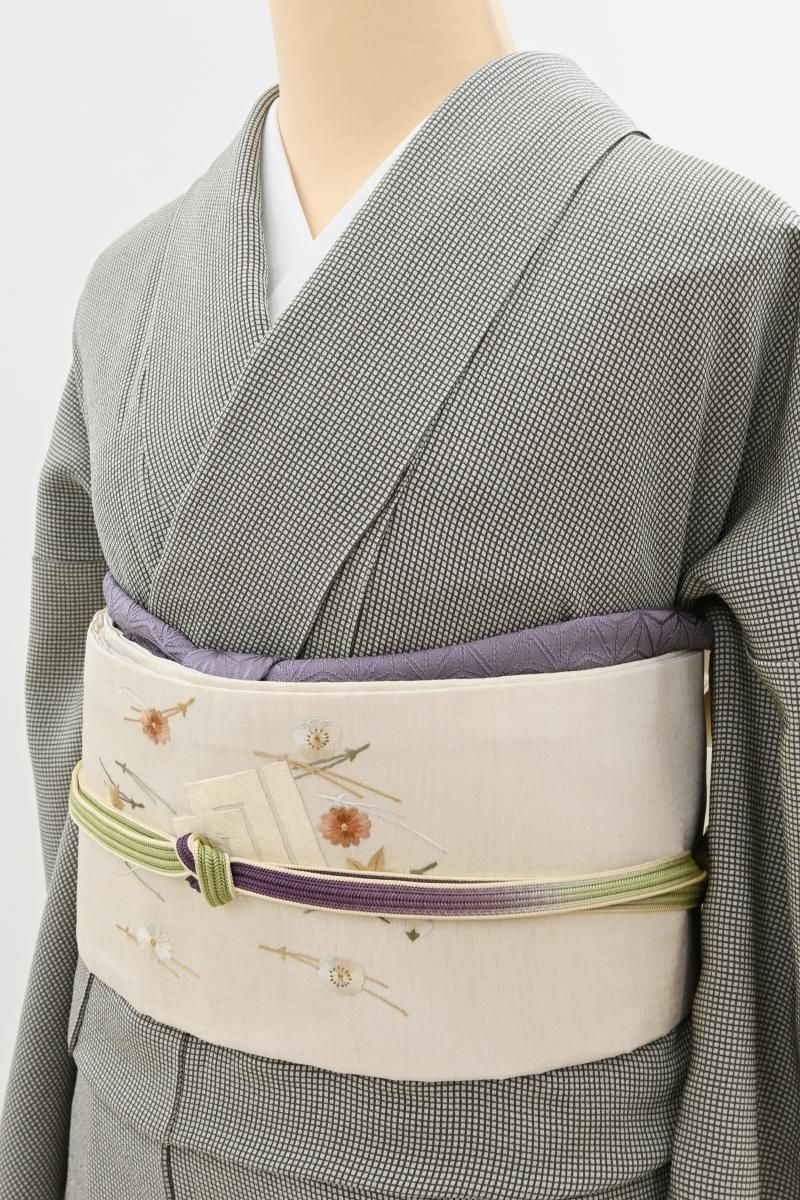 銀座【H-0840】紬地 刺繍 名古屋帯 生成色 源氏香に吹き寄せ文 - 銀座