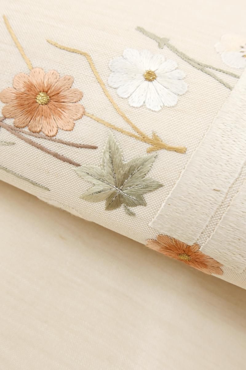 銀座【H-0840】紬地 刺繍 名古屋帯 生成色 源氏香に吹き寄せ文 - 銀座