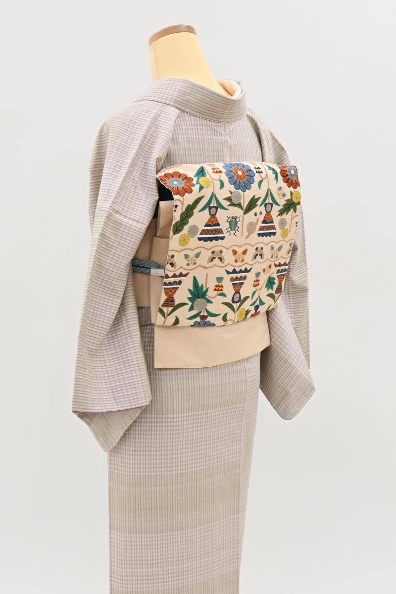 銀座【H-0845】紬地 染名古屋帯 赤白橡色 花や虫の図（三越扱い