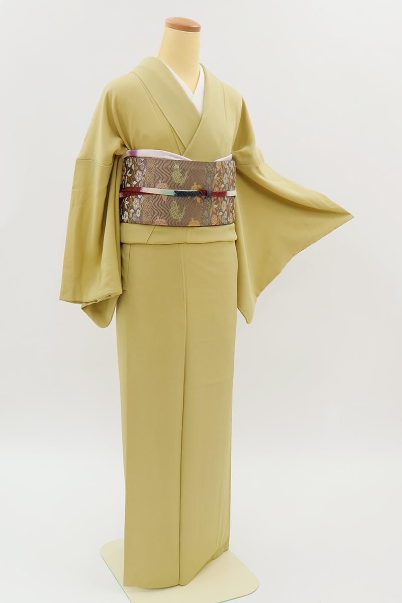 単衣 着物 色無地 フルセット 正絹 落款 美木染め 緑 C2 単衣 着物 色