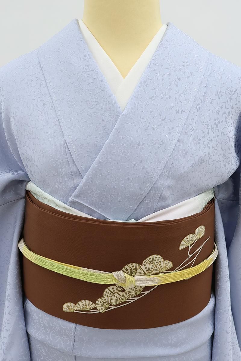 銀座【H-0850】塩瀬地 染名古屋帯 灰茶色 松の図 - 銀座きもの青木