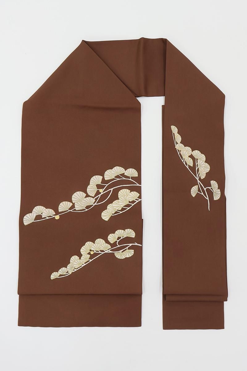 【NEW】美品♡ 秋色ブラウン系 大胆柄 織 単衣帯 名古屋帯 銀座【H-0850】塩瀬地 染名古屋帯 灰茶色 松の図 - 銀座きもの青木