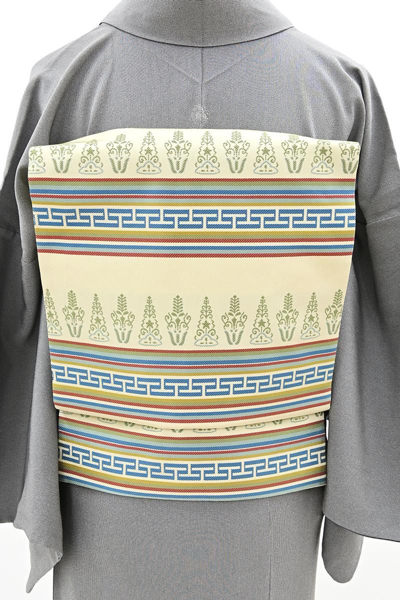 銀座【H-0853】西陣 川島織物製 織名古屋帯 明るい薄柳色 横段に装飾文