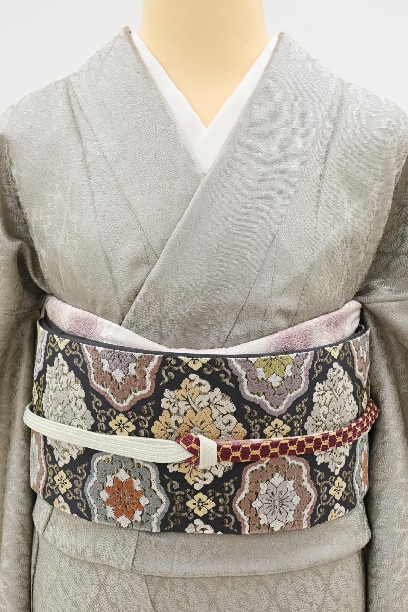 銀座【L-8571】西陣製 袋帯 黒紅色 華文（証紙付）（N） - 銀座きもの