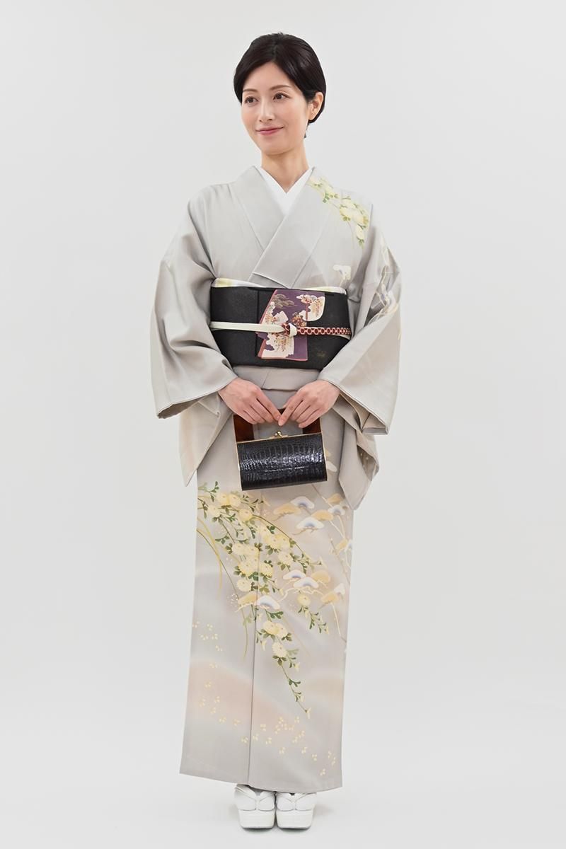銀座【B-4347】訪問着 絹鼠色 菊や松の図:身丈156/裄68 - 銀座きもの