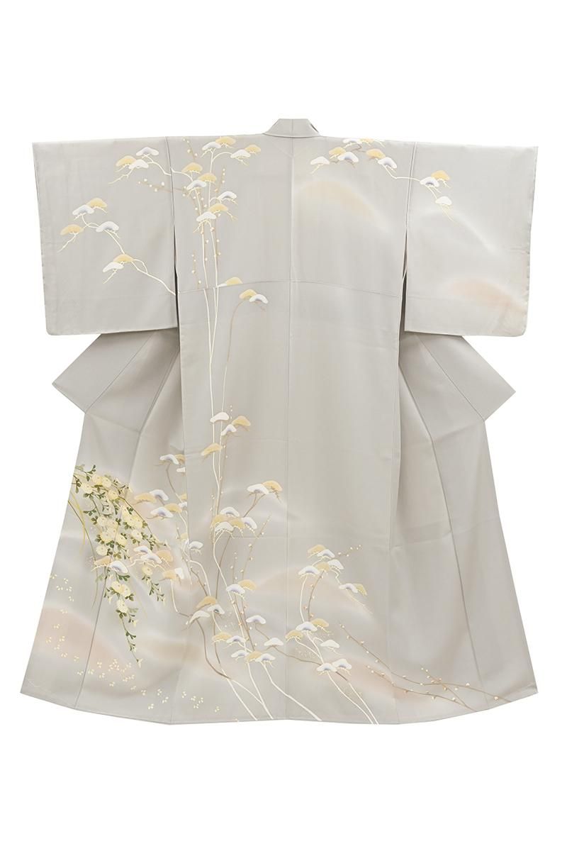 銀座【B-4347】訪問着 絹鼠色 菊や松の図:身丈156/裄68 - 銀座きもの