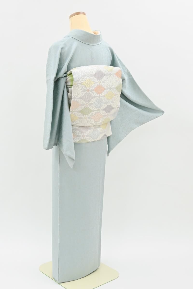 銀座【C-3346】染一ッ紋 色無地 白藍色 牡丹花唐草の地紋:身丈161/裄67